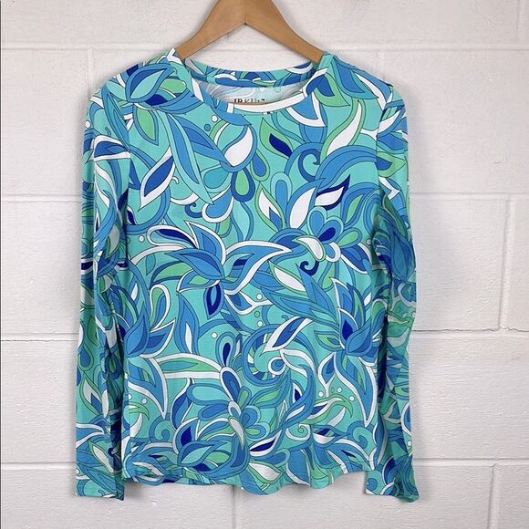 IBKUL women’s crewneck island pursuit print long sleeve mesh insets UV top Sz L - Picture 1 of 6